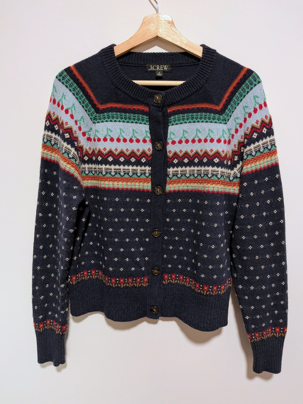 J.Crew Fair Isle Cardigan Women's M Navy Floral Cherry Print Wool Blend